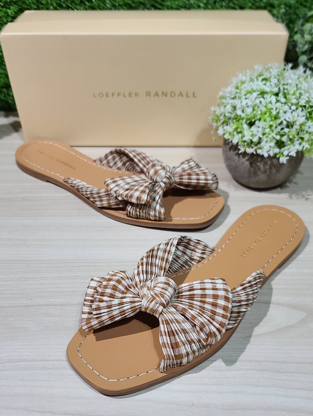 Loeffler Randall Rima Bow Slide Sandals / Brown Gingham US Women's 10 NEW